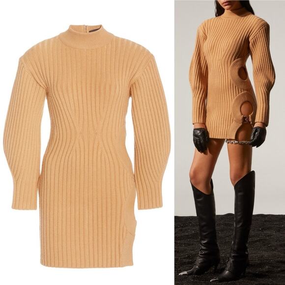 David Koma Camel Side Cutout Ribbed Knit Mini Dress - Picture 4 of 17